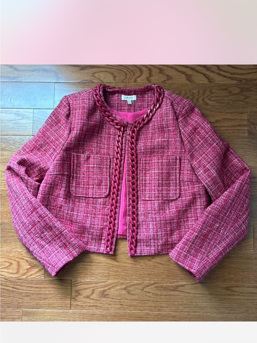 Pink Tweed Chain-Trim Crop Jacket